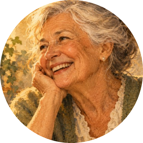 Grandmother laughing, hand at her cheek
