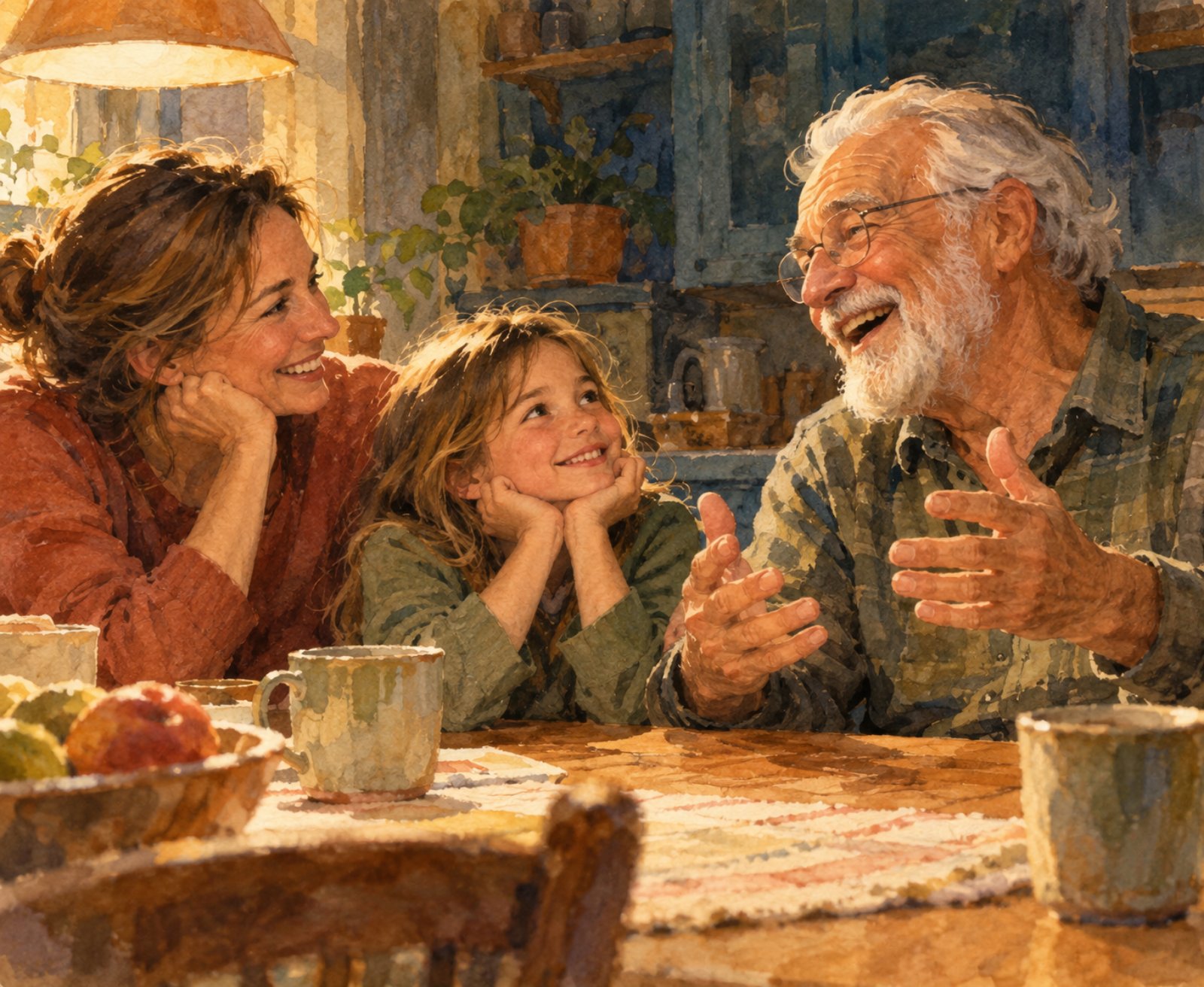 Three generations at a kitchen table, mid-story